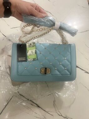 Badgley Mischka Quilted Pale Blue Crossbody with Gold Chain